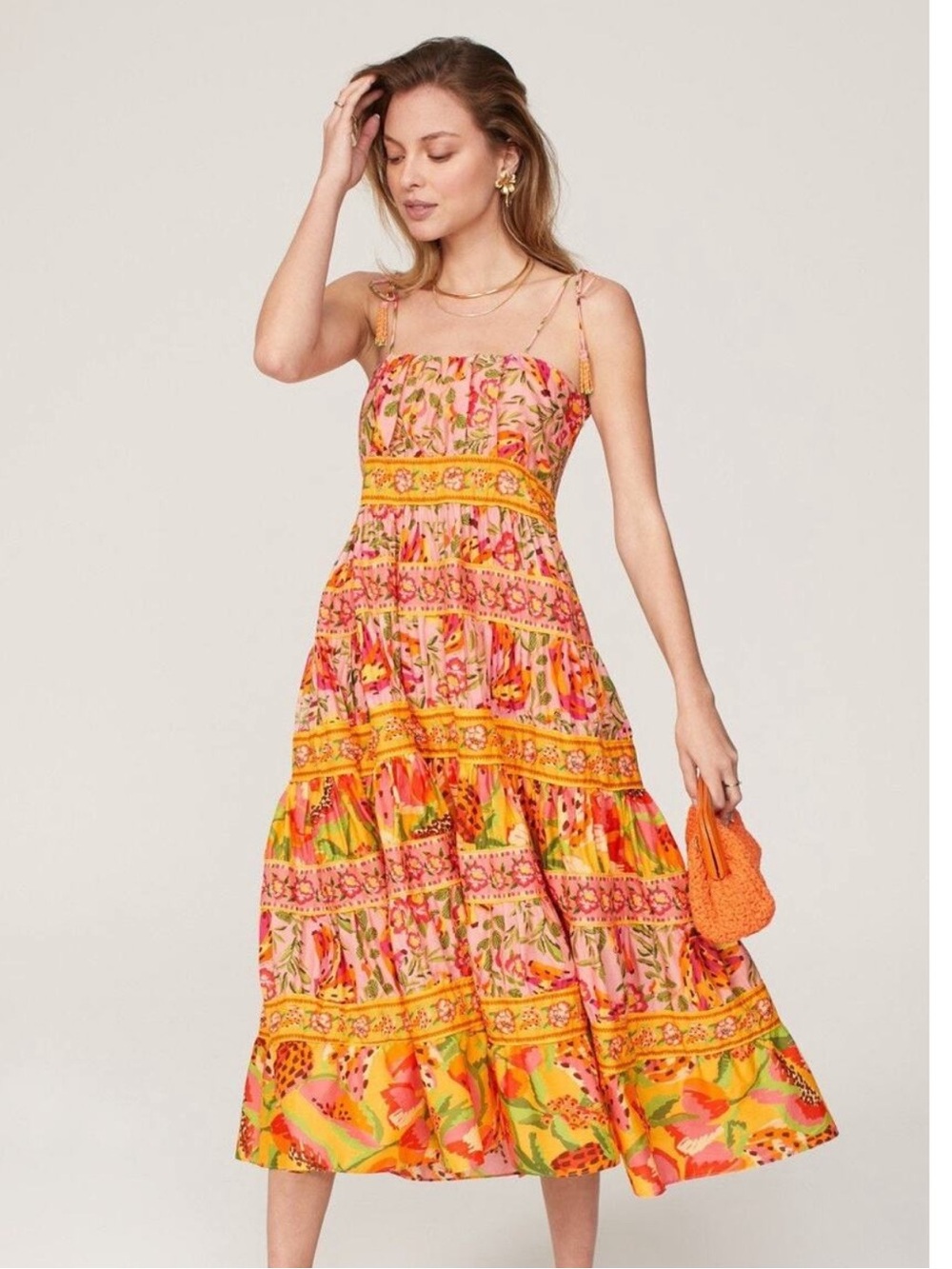 FARM RIO Pink & Yellow Mixed Fruits Floral Tiered Maxi Skirt